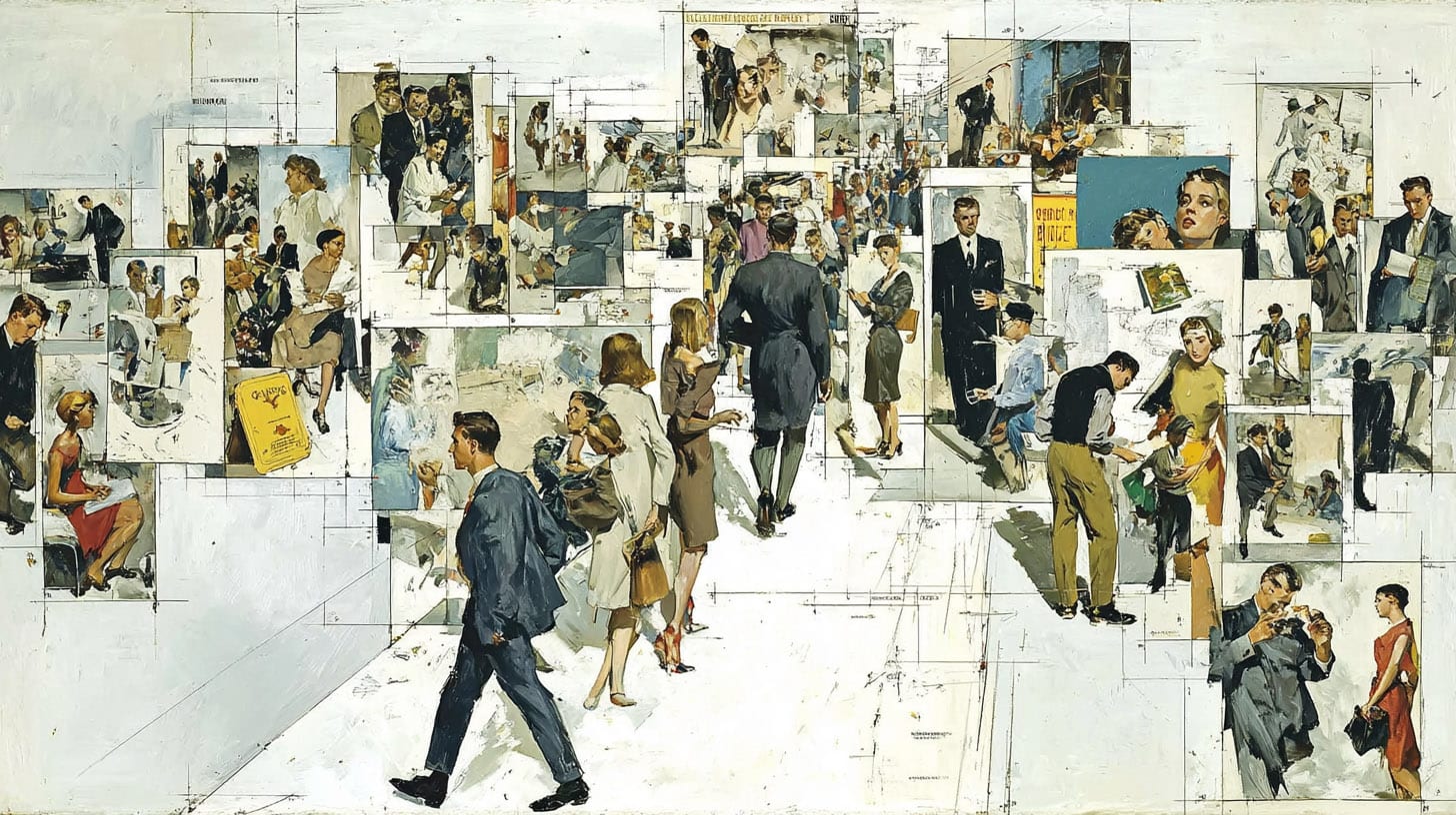 A museum of questionable editorial decisions in a Norman Rockwell style.